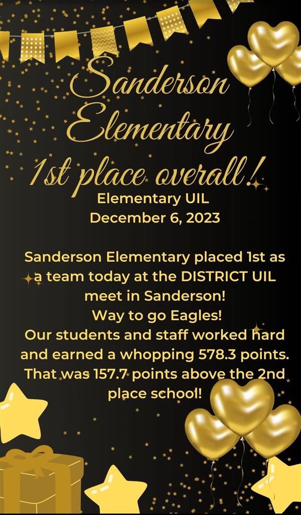  Congratulations to Sanderson Elementary Academic UIL Students for Being District Champions